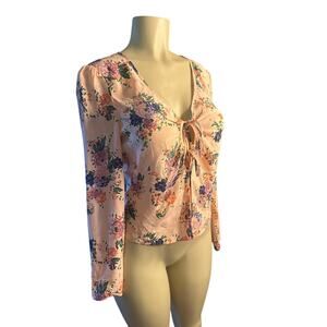 Women 6 & Other Stories Printed Tie Up 100% Silk Blouse Pink Floral Shirt Top